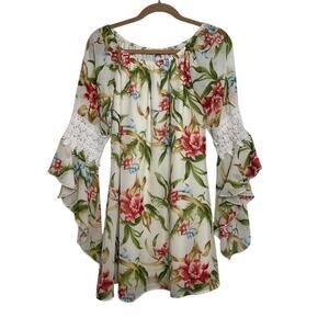 Honeyme Floral Tunic Top Size small Fairy Whimsical Mini Dress Flounce Sleeve